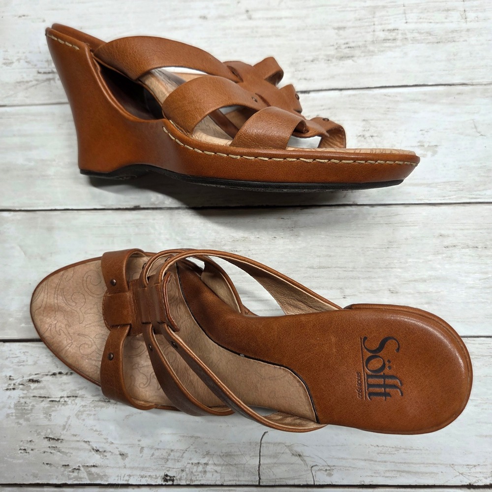 Sofft 1208806 Leather Wedge Sandals Strappy Studded Womens 8M Cognac Brown